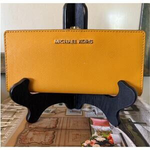 Michael Kors Jet Set Travel Wallet Yellow Saffiano Leather Snap Flap Gold